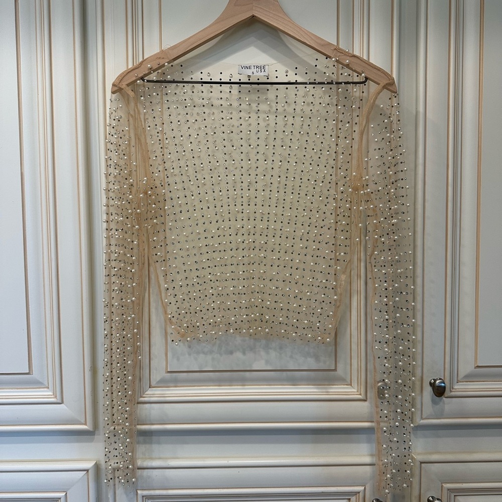 Vine Tree Sheer Embellished Long Sleeve Top - Nude with Crystals